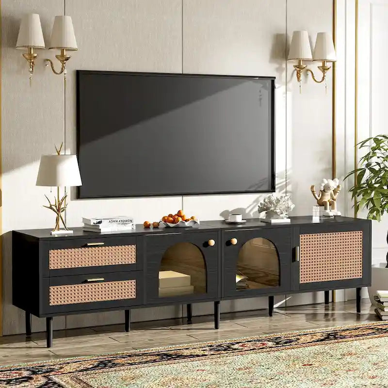 Meuble TV en rotin avec 3 armoires et 2 tiroirs, Table console multimédia pour téléviseurs jusqu'à 80 pouces, Meuble TV avec lumière LED pour salon