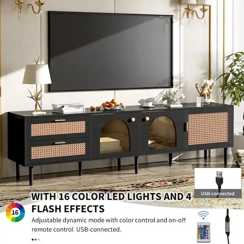 Meuble TV en rotin avec 3 armoires et 2 tiroirs, Table console multimédia pour téléviseurs jusqu'à 80 pouces, Meuble TV avec lumière LED pour salon
