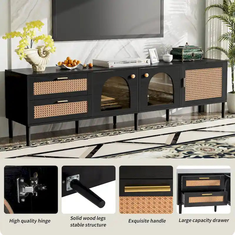 Meuble TV en rotin avec 3 armoires et 2 tiroirs, Table console multimédia pour téléviseurs jusqu'à 80 pouces, Meuble TV avec lumière LED pour salon