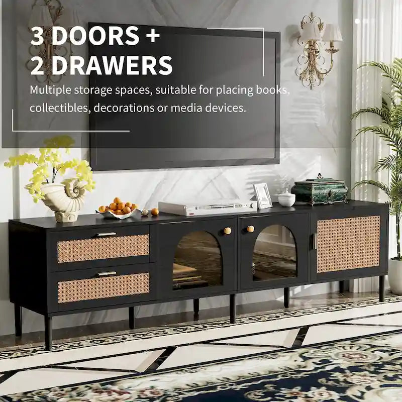 Meuble TV en rotin avec 3 armoires et 2 tiroirs, Table console multimédia pour téléviseurs jusqu'à 80 pouces, Meuble TV avec lumière LED pour salon