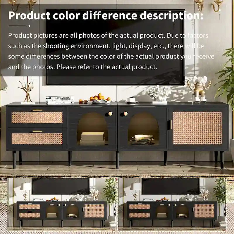 Meuble TV en rotin avec 3 armoires et 2 tiroirs, Table console multimédia pour téléviseurs jusqu'à 80 pouces, Meuble TV avec lumière LED pour salon