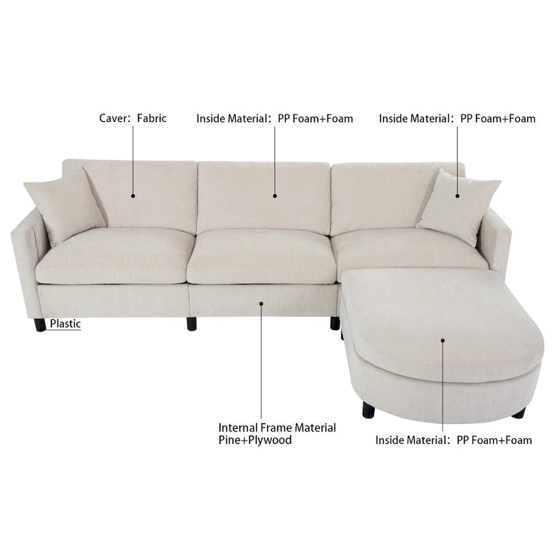 Canapé 4 places beige 107,87 avec pouf mobile et rangement