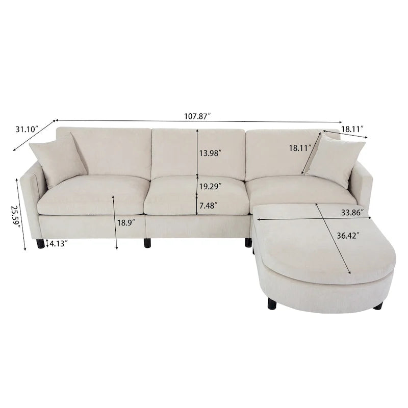 Canapé 4 places beige 107,87 avec pouf mobile et rangement