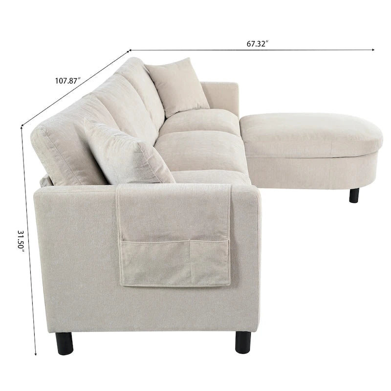 Canapé 4 places beige 107,87 avec pouf mobile et rangement