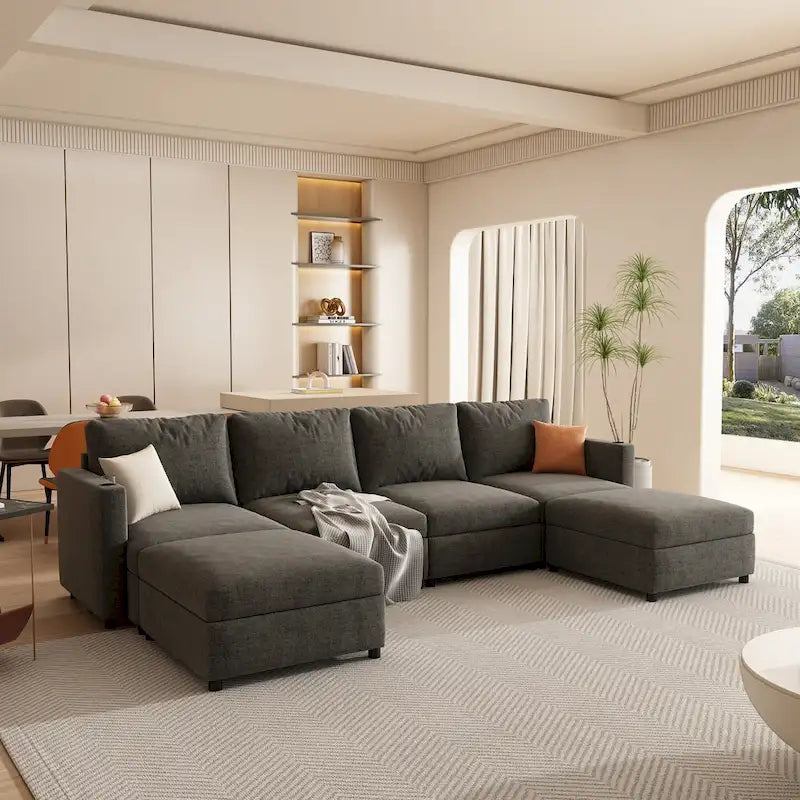 Christopher Knight Home - Canapé-lit modulaire sectionnel en U Stellar avec rangement, 6 places, pouf et tissu chenille