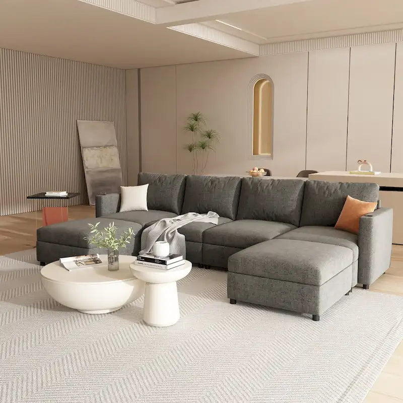 Christopher Knight Home - Canapé-lit modulaire sectionnel en U Stellar avec rangement, 6 places, pouf et tissu chenille