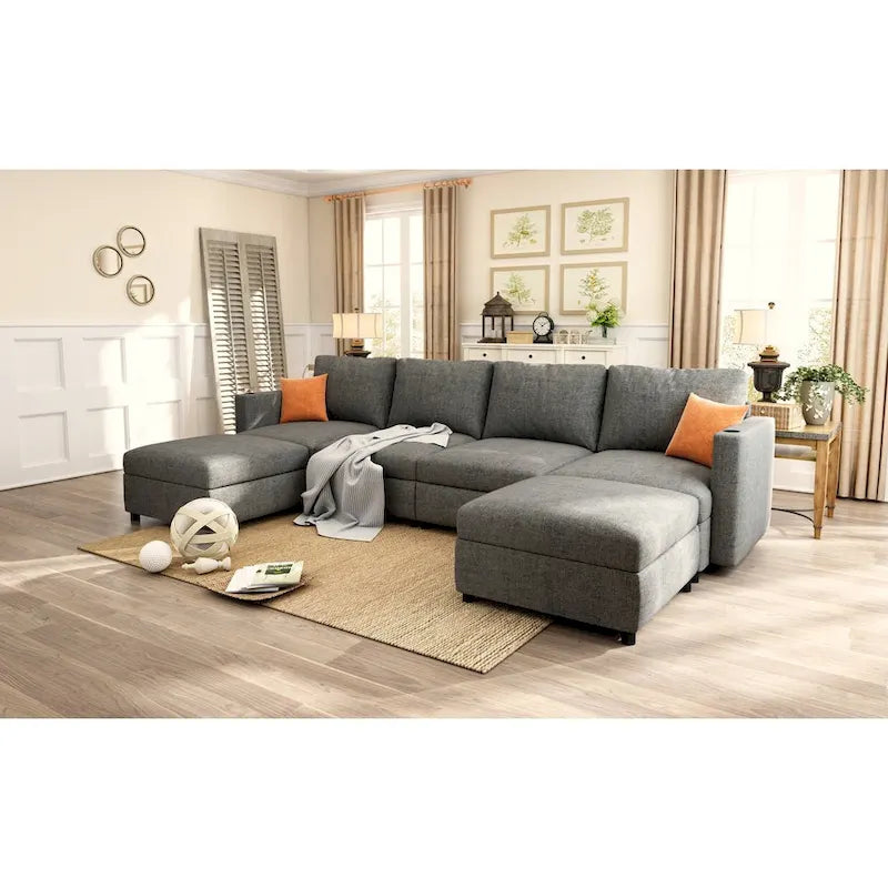 Christopher Knight Home - Canapé-lit modulaire sectionnel en U Stellar avec rangement, 6 places, pouf et tissu chenille