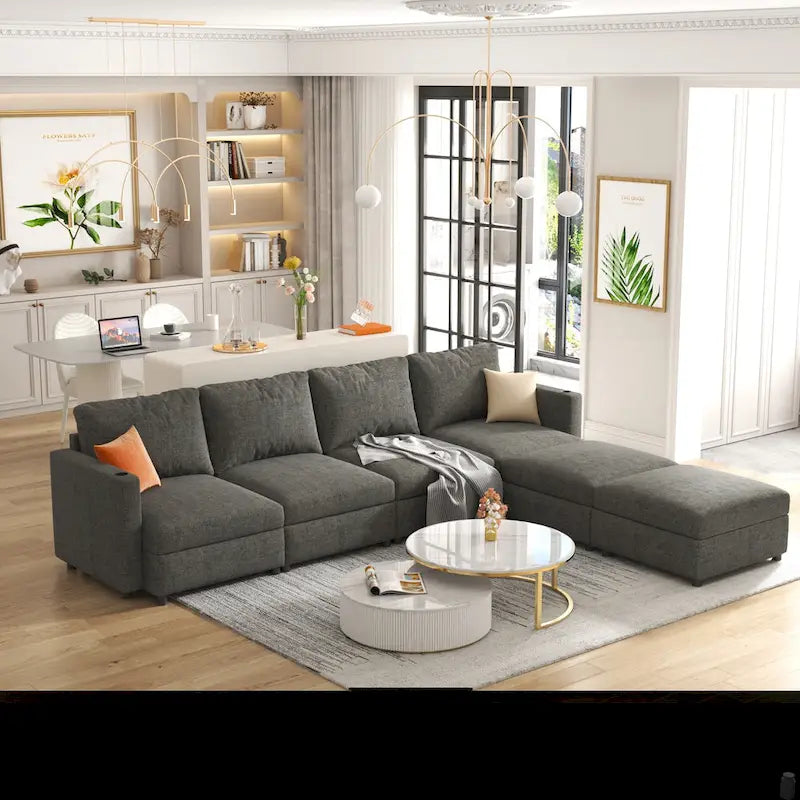 Christopher Knight Home - Canapé-lit modulaire sectionnel en U Stellar avec rangement, 6 places, pouf et tissu chenille