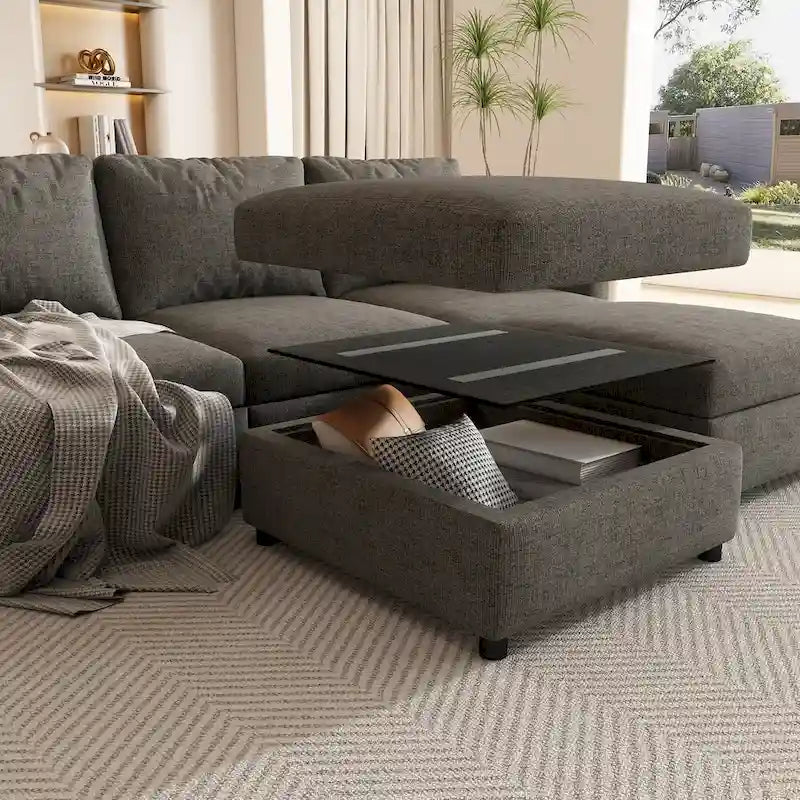 Christopher Knight Home - Canapé-lit modulaire sectionnel en U Stellar avec rangement, 6 places, pouf et tissu chenille