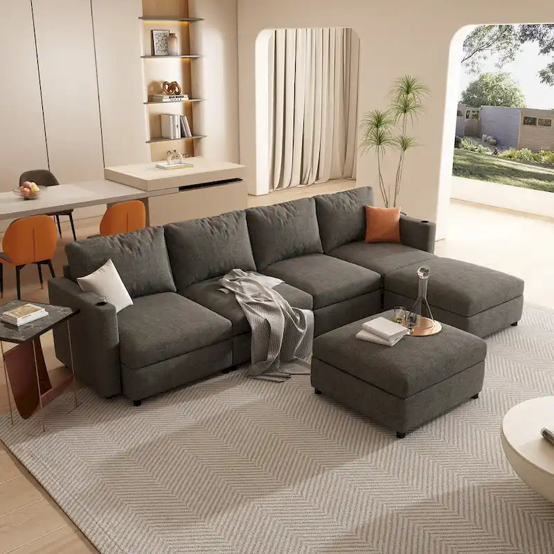 Christopher Knight Home - Canapé-lit modulaire sectionnel en U Stellar avec rangement, 6 places, pouf et tissu chenille