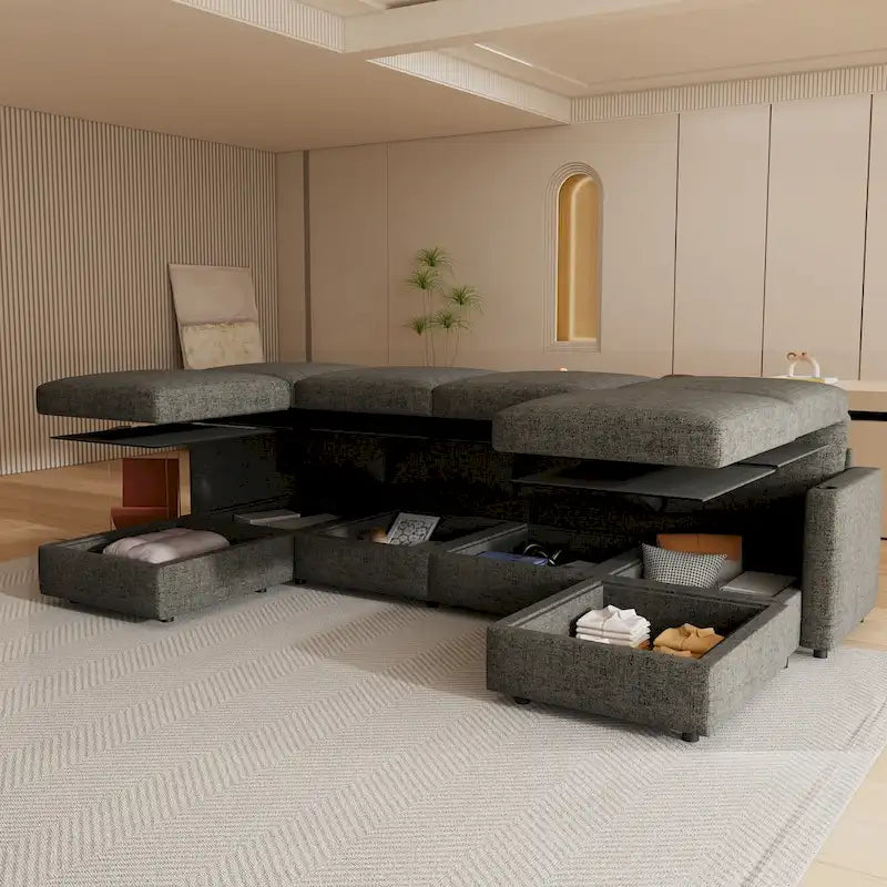 Christopher Knight Home - Canapé-lit modulaire sectionnel en U Stellar avec rangement, 6 places, pouf et tissu chenille