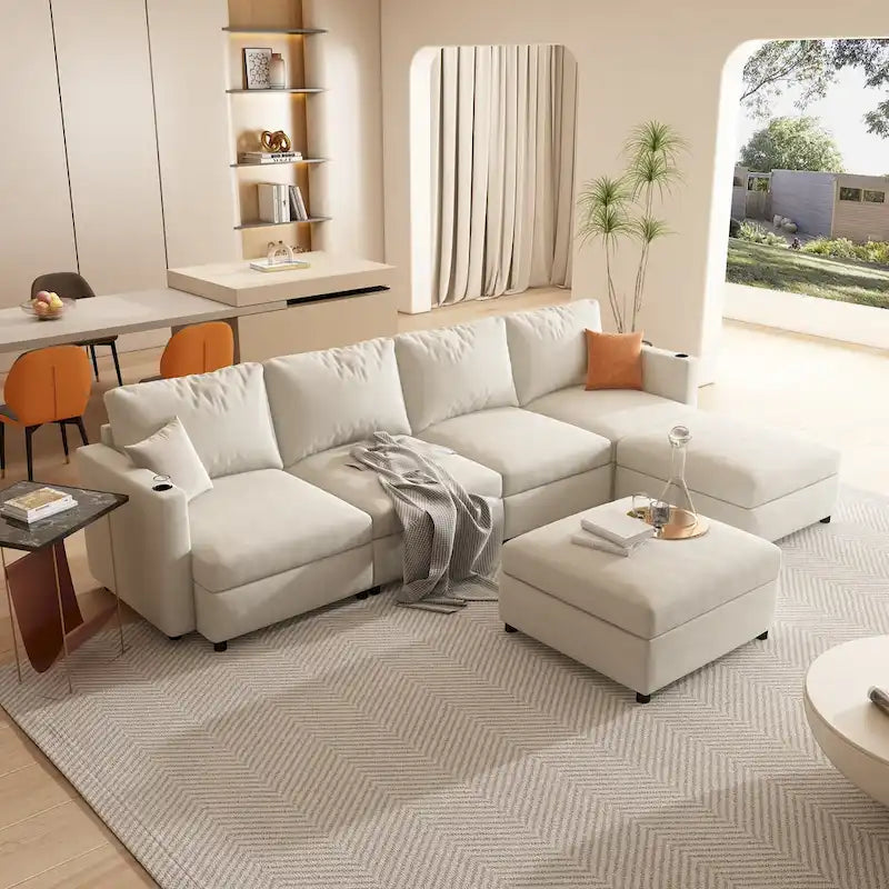 Christopher Knight Home - Canapé-lit modulaire sectionnel en U Stellar avec rangement, 6 places, pouf et tissu chenille