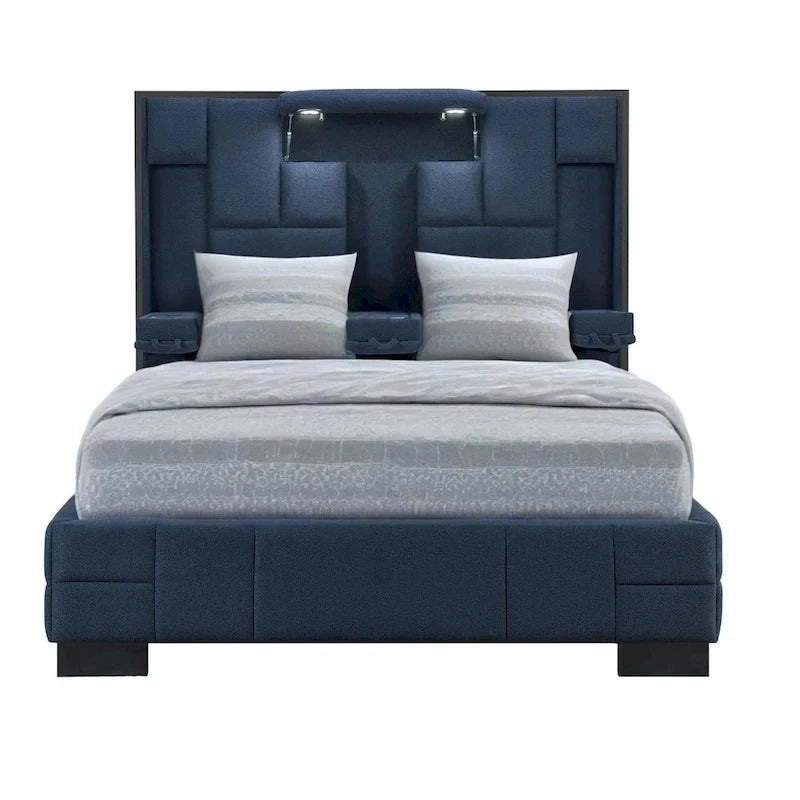 Cadre de lit Queen HomeRoots bleu marine et capitonné éclairé avec USB