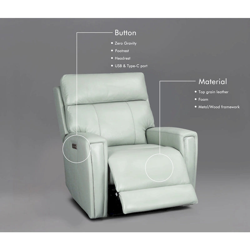 Fauteuil inclinable électrique zéro gravité en cuir véritable avec appui-tête électrique, ports USB et USB-C