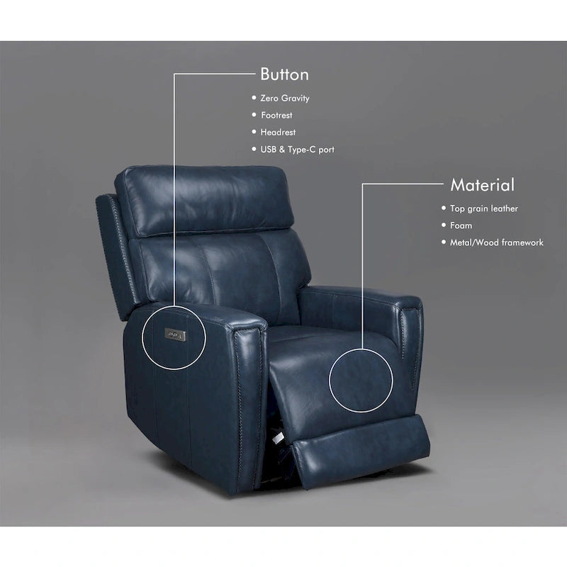 Fauteuil inclinable électrique zéro gravité en cuir véritable avec appui-tête électrique, ports USB et USB-C