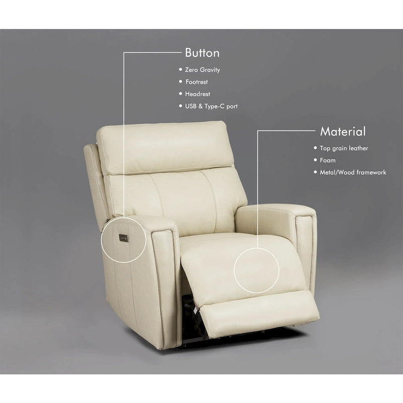 Fauteuil inclinable électrique zéro gravité en cuir véritable avec appui-tête électrique, ports USB et USB-C