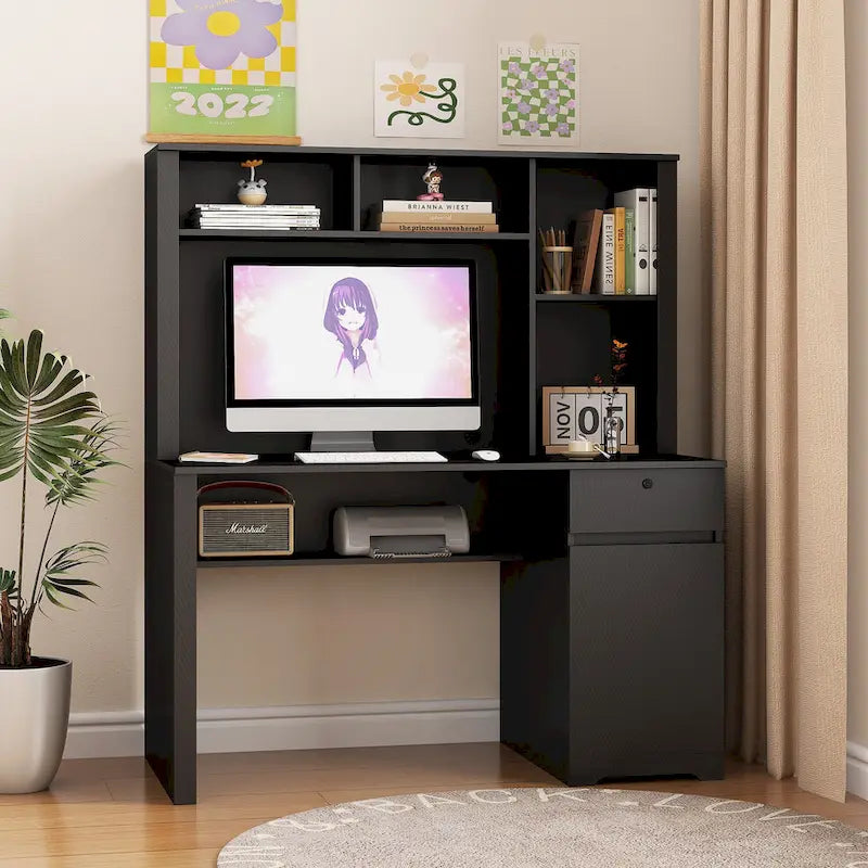 Bureau d'ordinateur moderne avec ports de charge et rangement verrouillable pour bureau à domicile ou espaces de travail compacts