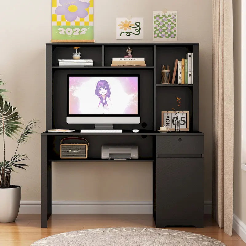 Bureau d'ordinateur moderne avec ports de charge et rangement verrouillable pour bureau à domicile ou espaces de travail compacts