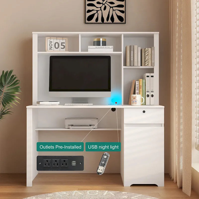 Bureau d'ordinateur moderne avec ports de charge et rangement verrouillable pour bureau à domicile ou espaces de travail compacts