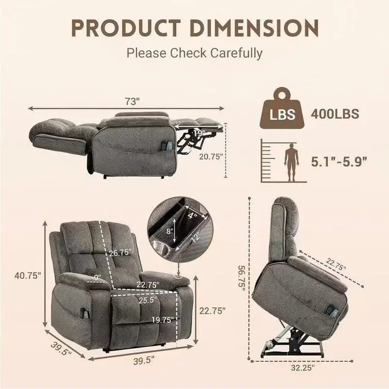 Fauteuil inclinable releveur avec repose-pieds étendu, inclinables surdimensionnés en chenille à double moteur avec chauffage/massage, chargement USB-C