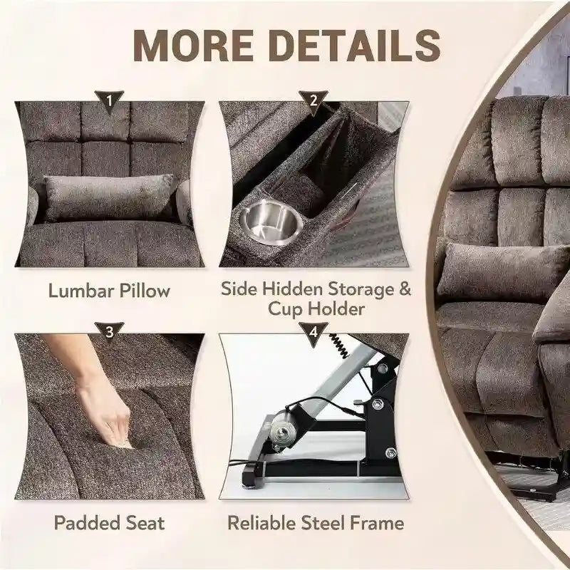 Fauteuil inclinable releveur avec repose-pieds étendu, inclinables surdimensionnés en chenille à double moteur avec chauffage/massage, chargement USB-C