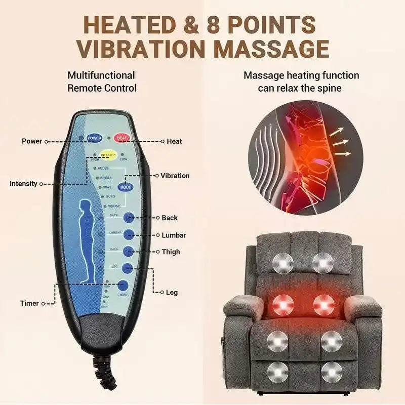 Fauteuil inclinable releveur avec repose-pieds étendu, inclinables surdimensionnés en chenille à double moteur avec chauffage/massage, chargement USB-C