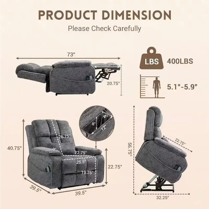 Fauteuil inclinable releveur avec repose-pieds étendu, inclinables surdimensionnés en chenille à double moteur avec chauffage/massage, chargement USB-C