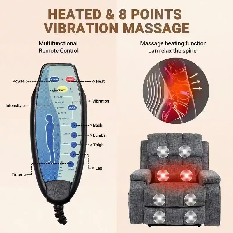 Fauteuil inclinable releveur avec repose-pieds étendu, inclinables surdimensionnés en chenille à double moteur avec chauffage/massage, chargement USB-C
