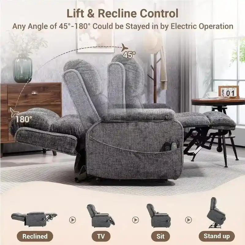 Fauteuil inclinable releveur avec repose-pieds étendu, inclinables surdimensionnés en chenille à double moteur avec chauffage/massage, chargement USB-C