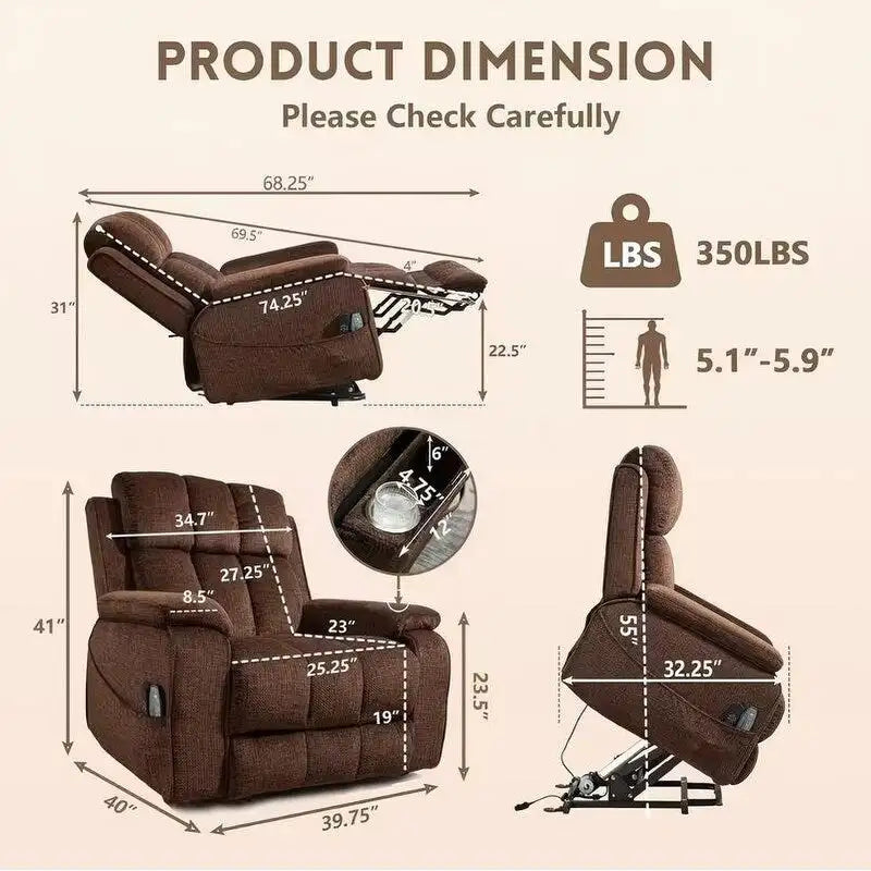 Fauteuil inclinable releveur avec repose-pieds étendu, inclinables surdimensionnés en chenille à double moteur avec chauffage/massage, chargement USB-C