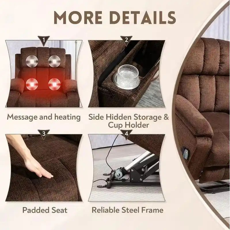 Fauteuil inclinable releveur avec repose-pieds étendu, inclinables surdimensionnés en chenille à double moteur avec chauffage/massage, chargement USB-C