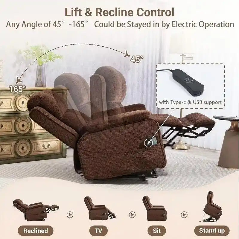 Fauteuil inclinable releveur avec repose-pieds étendu, inclinables surdimensionnés en chenille à double moteur avec chauffage/massage, chargement USB-C