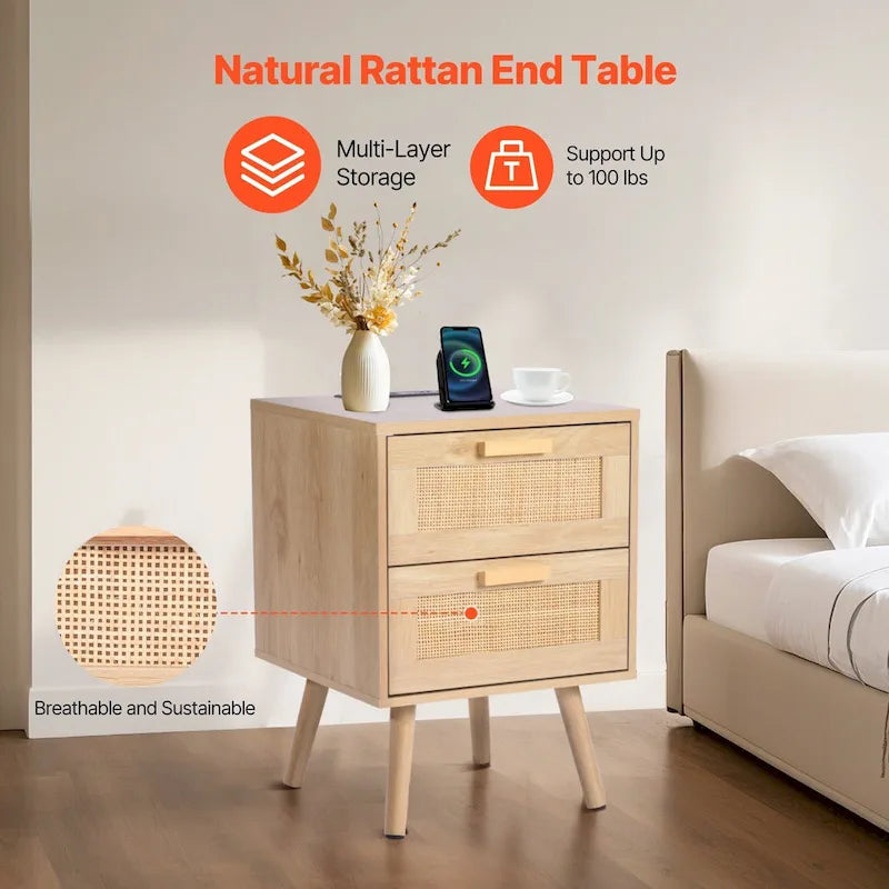 Table de chevet/d'appoint en bois naturel avec 2 tiroirs de rangement décorés en rotin et ports USB