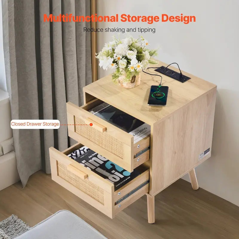 Table de chevet/d'appoint en bois naturel avec 2 tiroirs de rangement décorés en rotin et ports USB