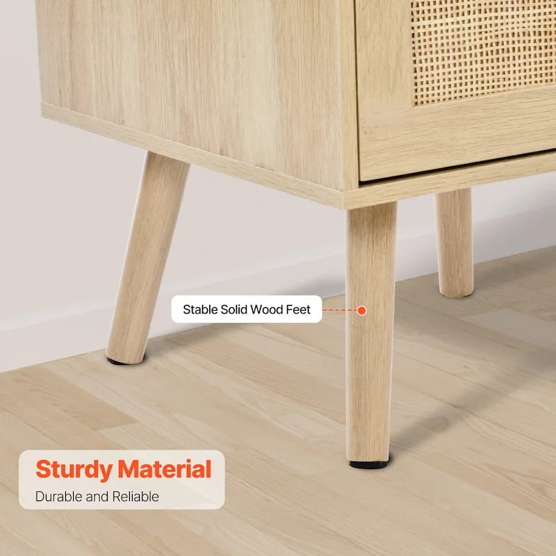Table de chevet/d'appoint en bois naturel avec 2 tiroirs de rangement décorés en rotin et ports USB