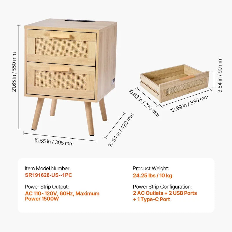 Table de chevet/d'appoint en bois naturel avec 2 tiroirs de rangement décorés en rotin et ports USB