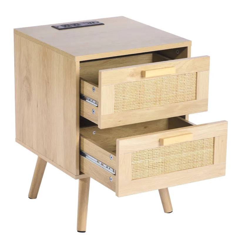 Table de chevet/d'appoint en bois naturel avec 2 tiroirs de rangement décorés en rotin et ports USB