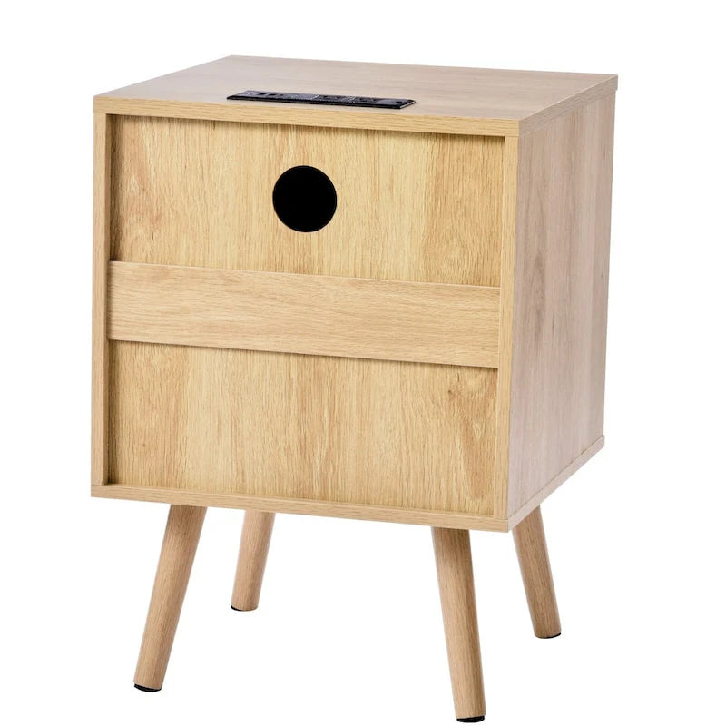 Table de chevet/d'appoint en bois naturel avec 2 tiroirs de rangement décorés en rotin et ports USB