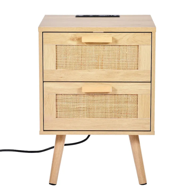 Table de chevet/d'appoint en bois naturel avec 2 tiroirs de rangement décorés en rotin et ports USB