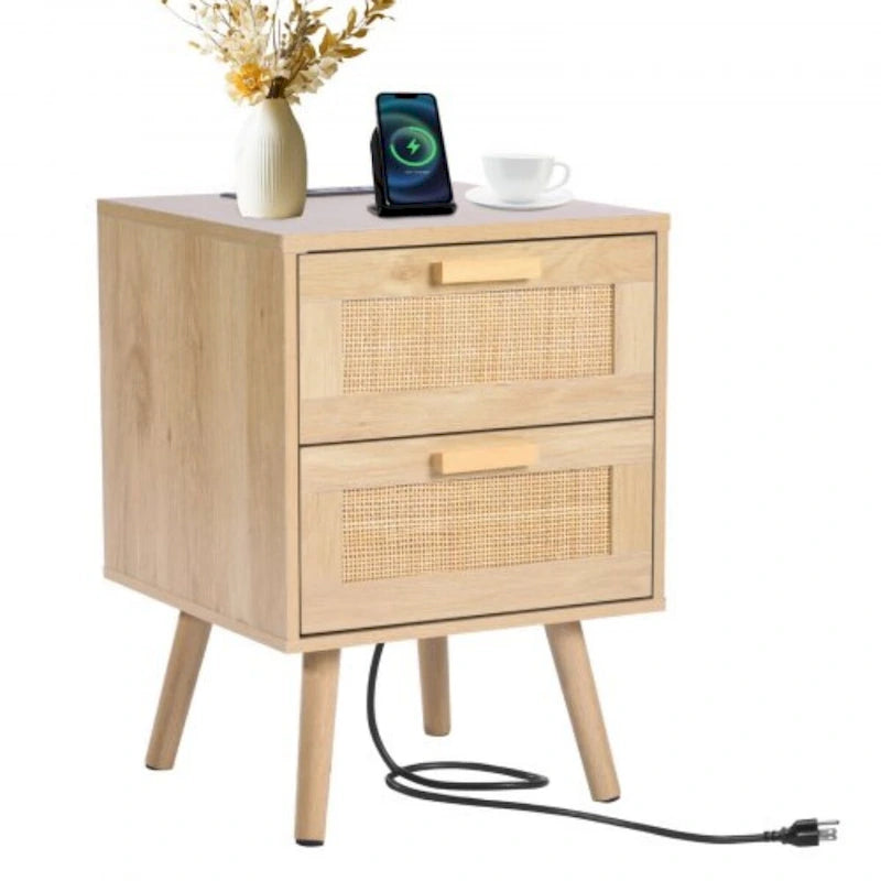 Table de chevet/d'appoint en bois naturel avec 2 tiroirs de rangement décorés en rotin et ports USB