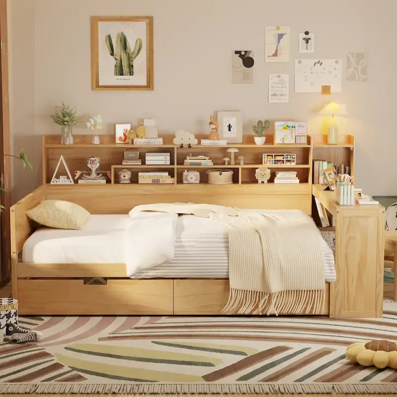 Lit de repos double en bois avec étagères de rangement, deux tiroirs et bureau, Naturel