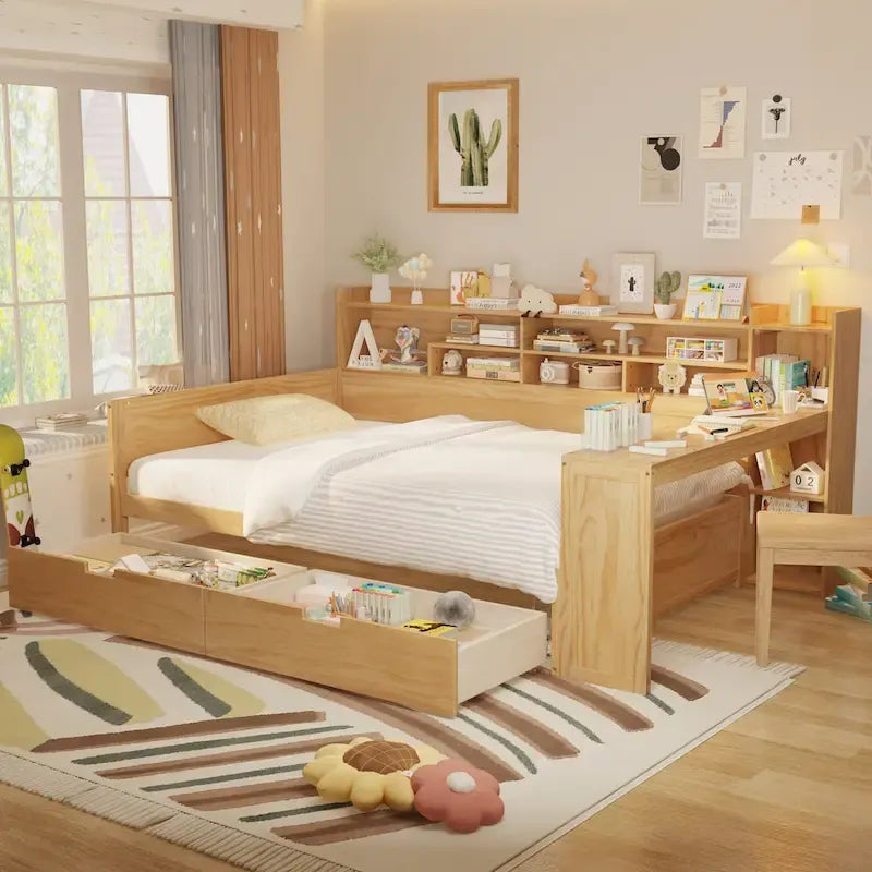 Lit de repos double en bois avec étagères de rangement, deux tiroirs et bureau, Naturel