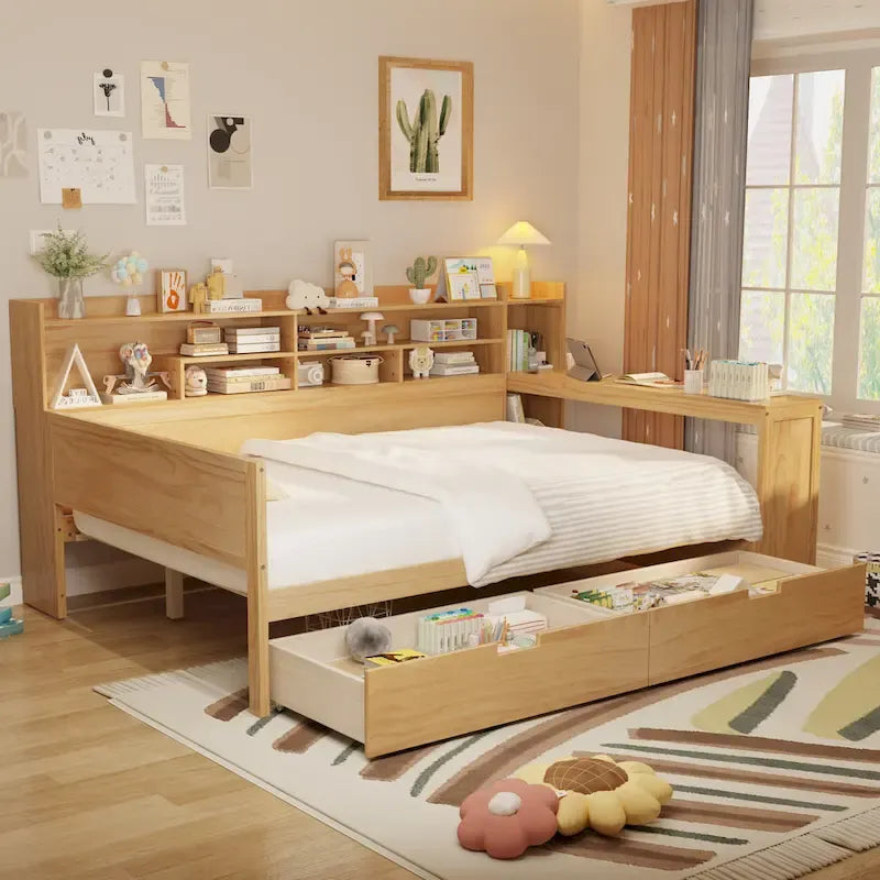 Lit de repos double en bois avec étagères de rangement, deux tiroirs et bureau, Naturel