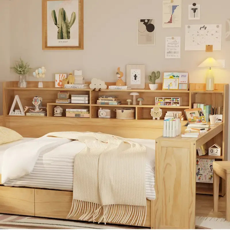 Lit de repos double en bois avec étagères de rangement, deux tiroirs et bureau, Naturel