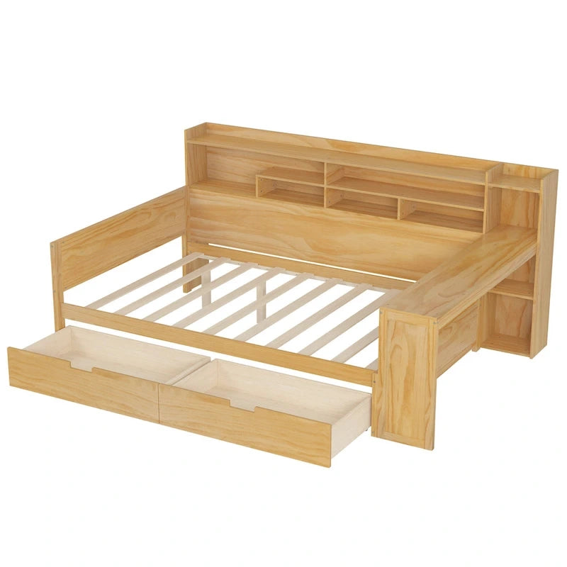 Lit de repos double en bois avec étagères de rangement, deux tiroirs et bureau, Naturel