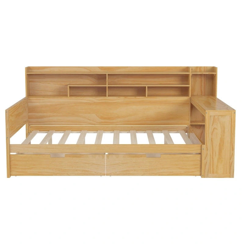 Lit de repos double en bois avec étagères de rangement, deux tiroirs et bureau, Naturel