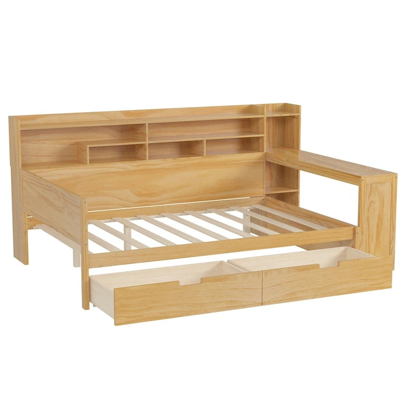 Lit de repos double en bois avec étagères de rangement, deux tiroirs et bureau, Naturel
