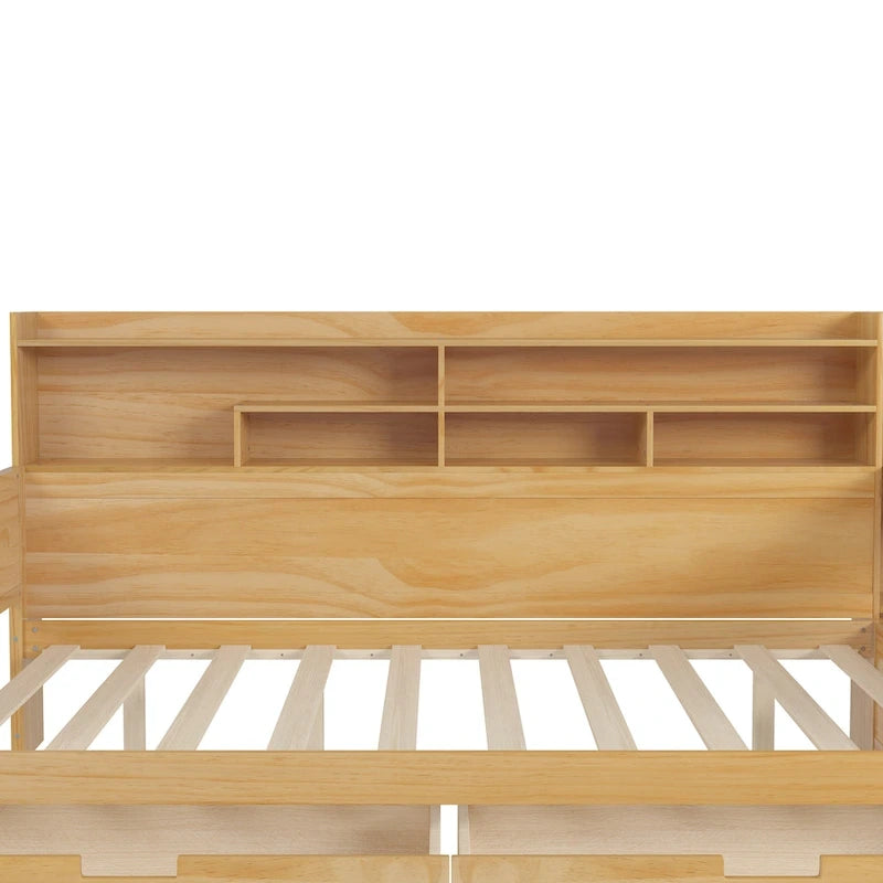 Lit de repos double en bois avec étagères de rangement, deux tiroirs et bureau, Naturel