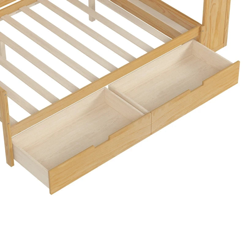 Lit de repos double en bois avec étagères de rangement, deux tiroirs et bureau, Naturel