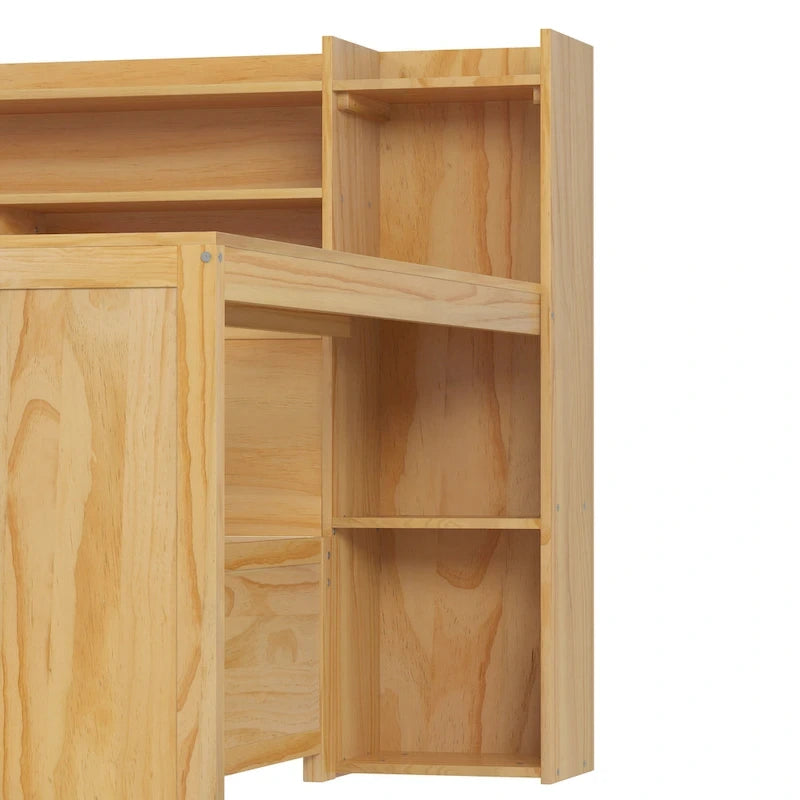 Lit de repos double en bois avec étagères de rangement, deux tiroirs et bureau, Naturel